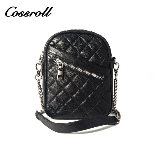 Leather crossbody bag head layer cowhide diamond pattern 2024 new summer hour still shoulder bag zipper mini mobile phone bag