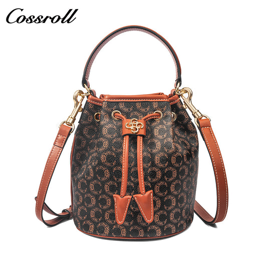 Women Vintage C Monogram Genuine Leather Bucket Bag, Drawstring Closure Top Handle Mini Purse, Versatile Shoulder & Crossbody Bag for Daily Shopping