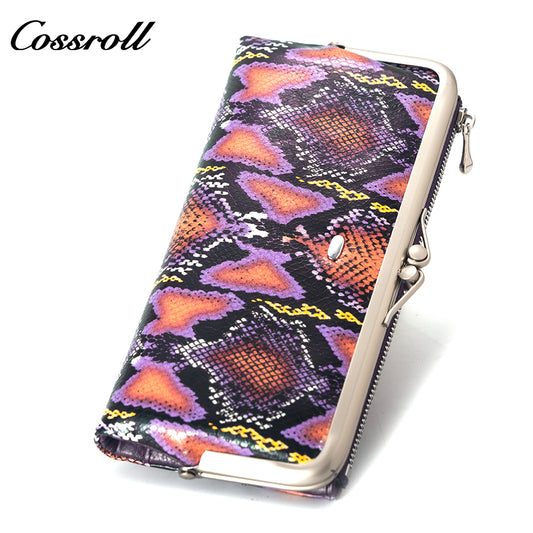 Manufacturers customized cross-border serpentine leather purse women's long cowhide multi-layer multi-card large capacity