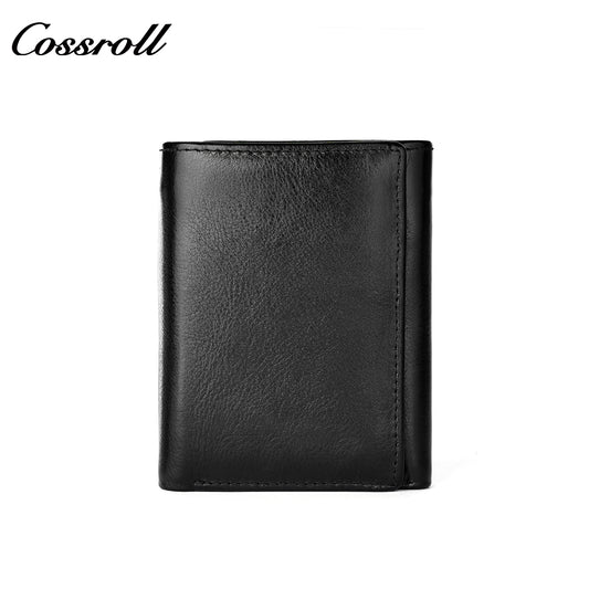Genuine Leather Wallet Men's Head Layer Cowhide Black Trifold Wallet with Coin Position