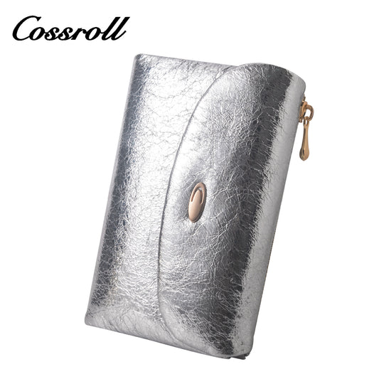 Crackle cowhide niche design retro multi-function card bag leather simple small silver bag