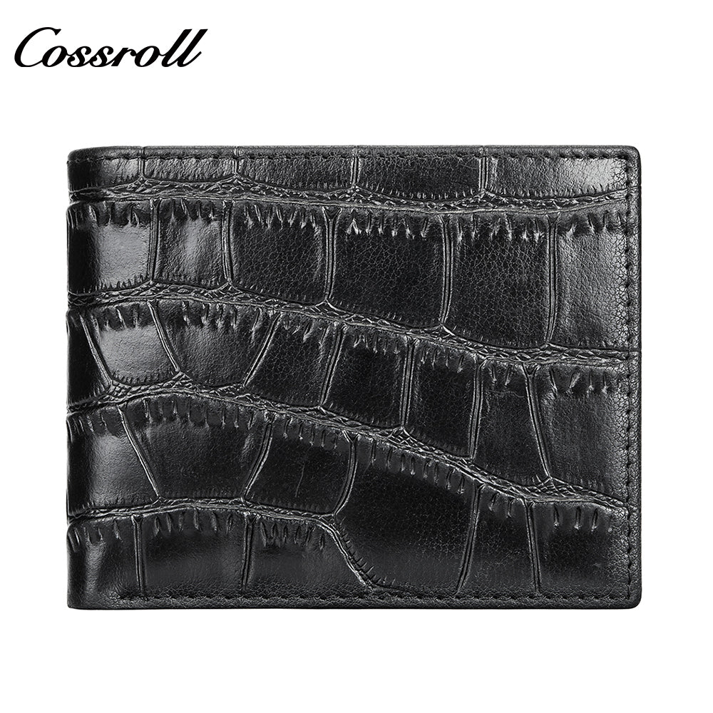 Men's short ultra-thin large capacity crocodile grain leather handmade money clip head layer cowhide