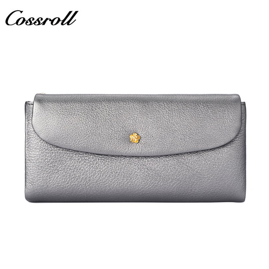 Women's cross-border genuine leather wallet with gold floral decoration, long vintage glossy design, large capacity with multiple card slots