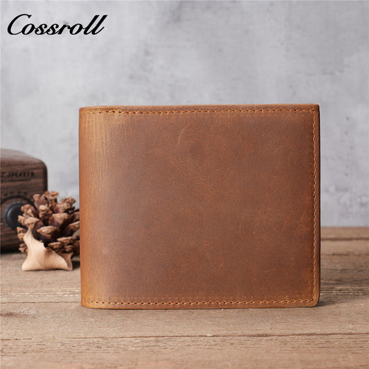 Men's Crazy Horse Leather Wallet, Top-Grain Cowhide, Tri-Fold Wallet