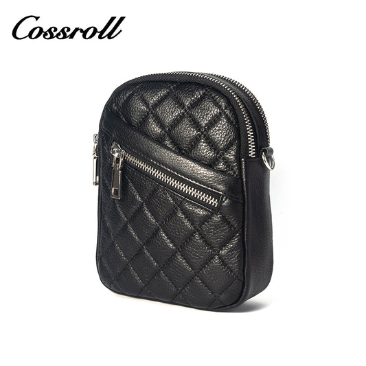 Leather crossbody bag head layer cowhide diamond pattern 2024 new summer hour still shoulder bag zipper mini mobile phone bag