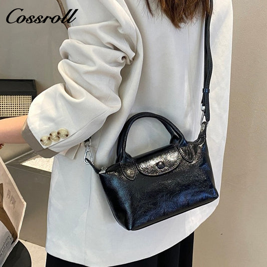 Head layer oil wax cowhide shoulder female dumpling bag ladies handheld crossbody leather bag