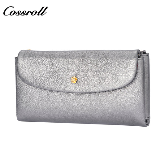 Women's genuine leather wallet, gold floral decoration, long tri-fold vintage glossy design, large capacity with multiple card slots and bill compartments