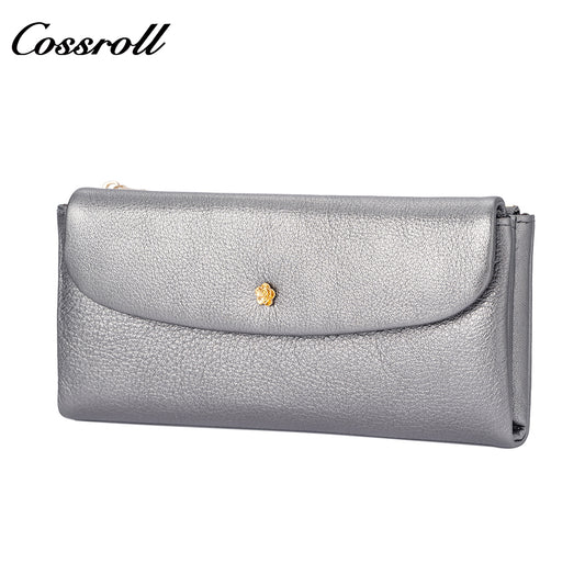Women's cross-border genuine leather wallet with gold floral decoration, long vintage glossy design, large capacity with multiple card slots