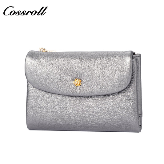Cossroll women's cross-border genuine leather wallet, with gold floral decoration, retro glossy large capacity