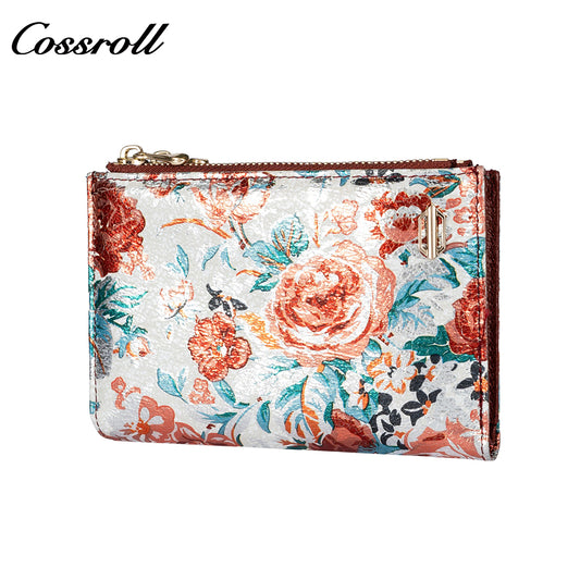 Genuine Leather Printed Chinese Style Short Women's Double Zipper Wallet Multi Card Position Coin Purse