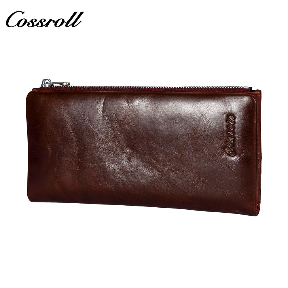 Factory Customized Women's Long Zipper Wallet Oiled Leather Money Wallet Vintage Dollar Clip