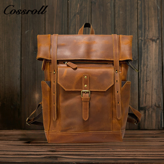 Vintage Crazy Horse Leather Backpack for Men, Genuine Leather Large Capacity Travel Backpack