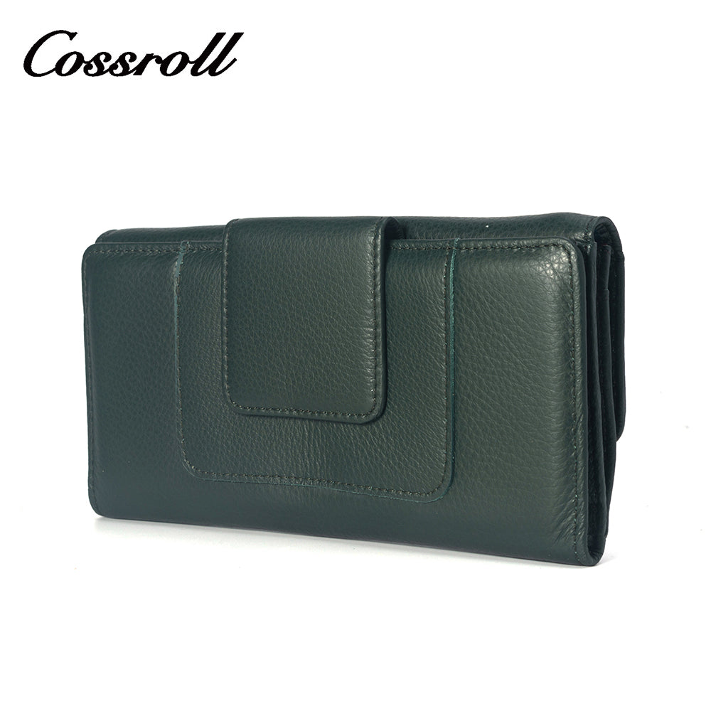 Green long multi-window zipped leather wallet