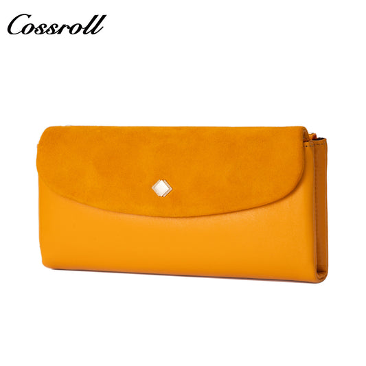 Women's long wallet with multiple card slots, zipper, double-layer bill compartment, and coin purse in suede finish