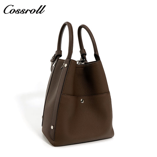 Genuine leather women's bucket bag, shoulder crossbody multi-pocket handbag