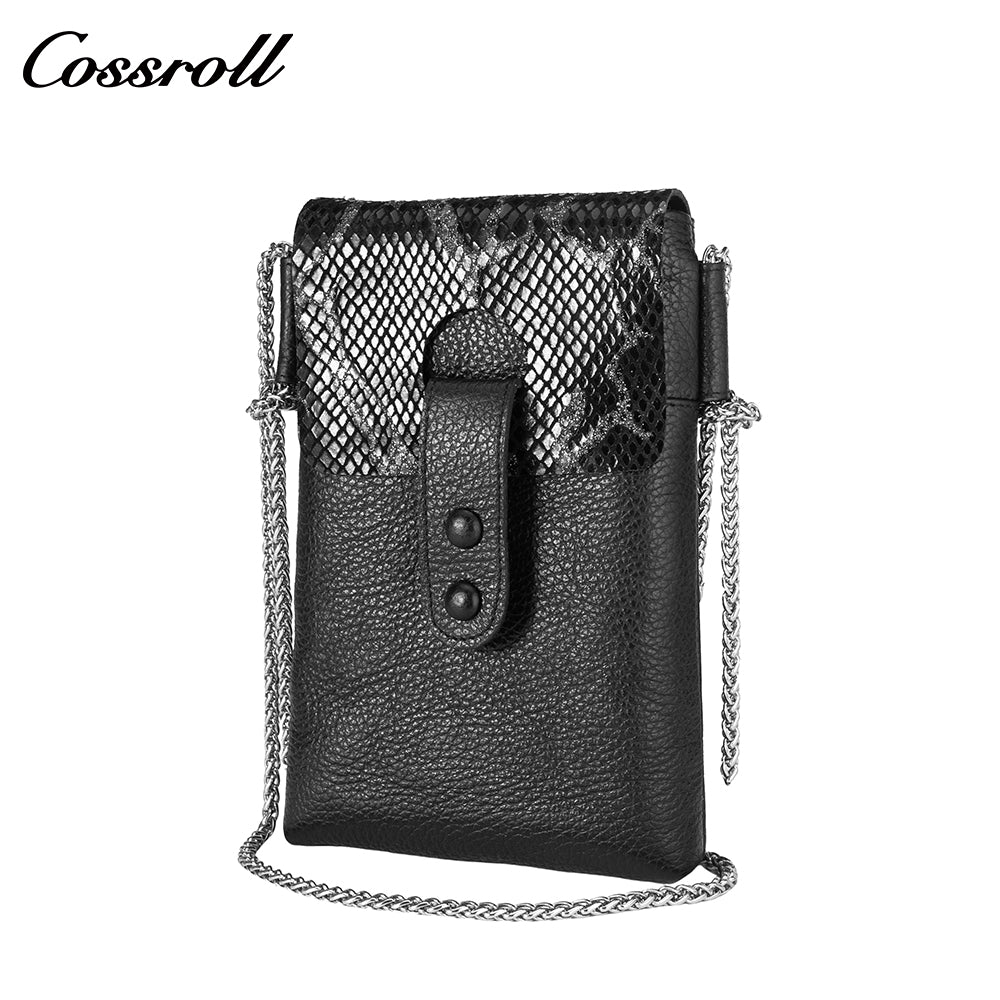Cowhide snake-print splicing crossbody bag small mobile phone bag female all-match 2024 new leather vertical bag cover leisure purse