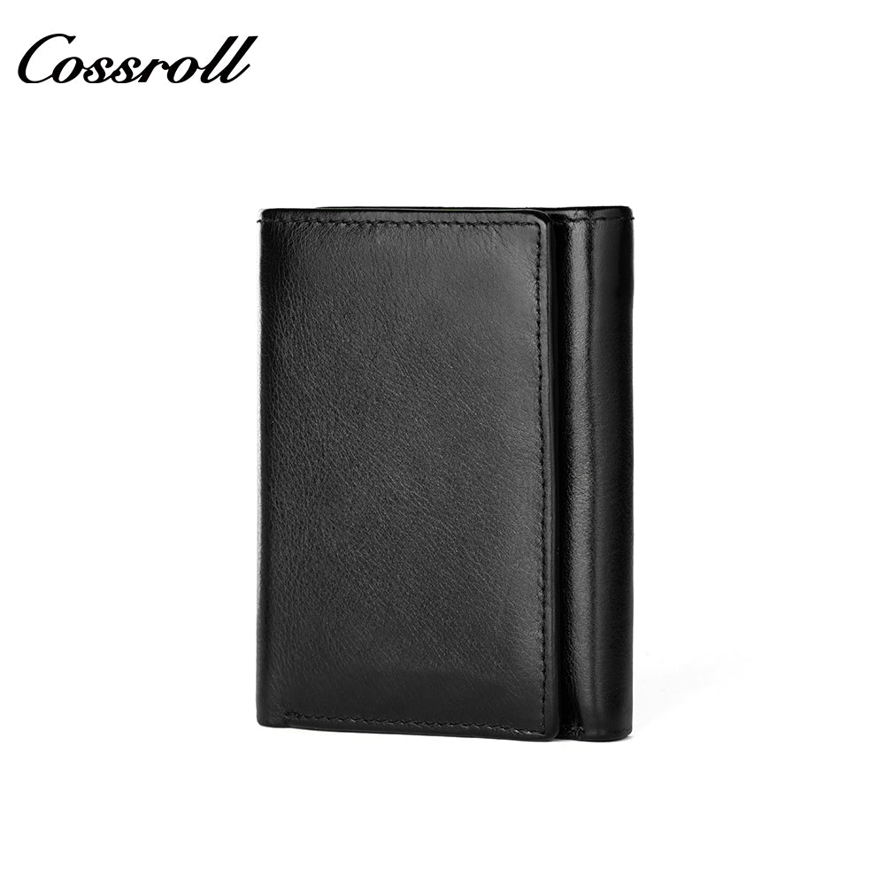 Genuine Leather Wallet Men's Head Layer Cowhide Black Trifold Wallet with Coin Position