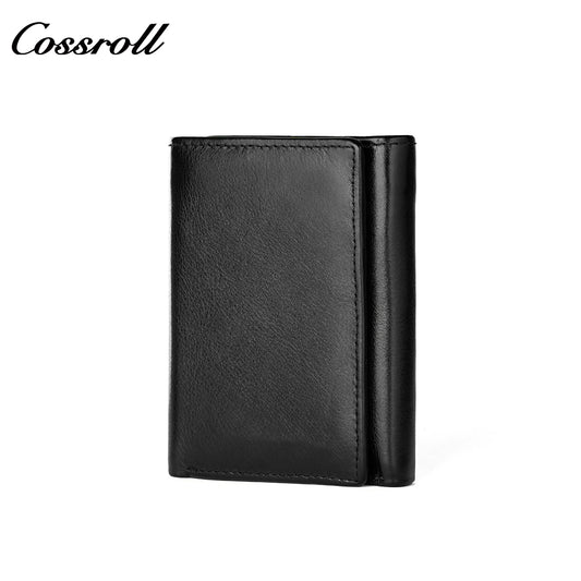 Genuine Leather Wallet Men's Head Layer Cowhide Black Trifold Wallet with Coin Position