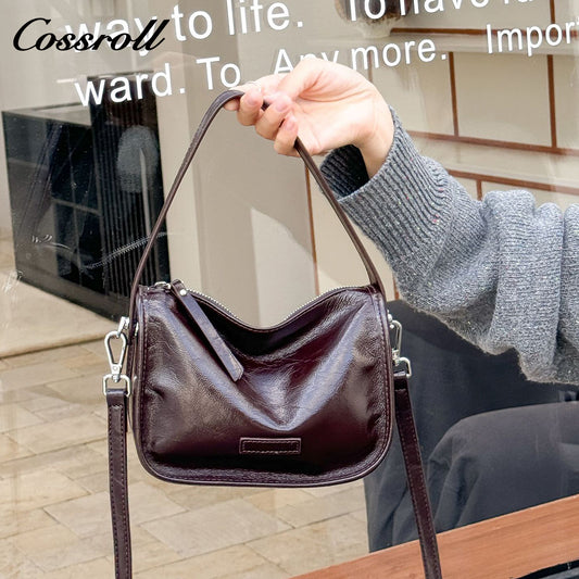 Oil wax cowhide bag female new fashion hundred with shoulder bag senior sense of niche retro commuting crossbody bag