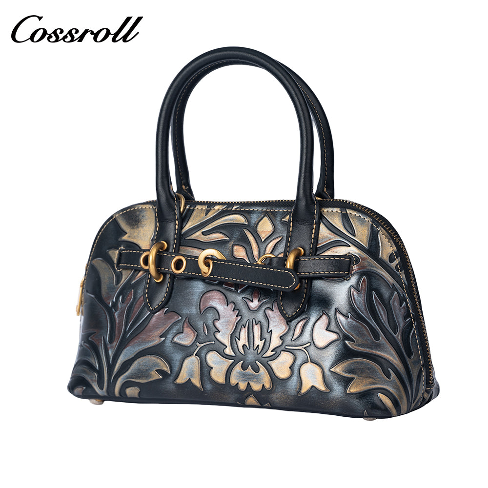 Vintage Embossed Leather Shell Bag for Women, Hand-Carved Handbag & Crossbody Purse
