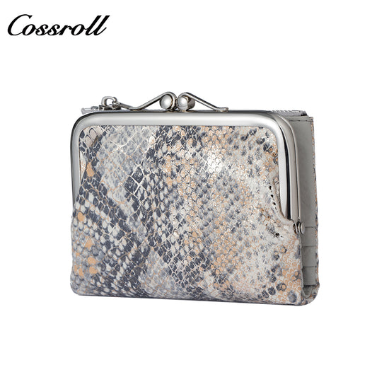 Genuine Leather Short Wallet for Women, Multi-Card Holder, First Layer Cowhide, Clutch Coin Purse with Snake Pattern