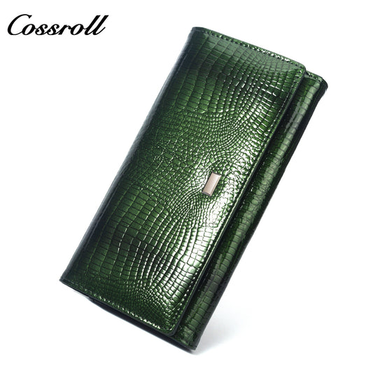 Europe and the United States crocodile leather patent leather wallet women's long money clip multi-card wallet manufacturers customized