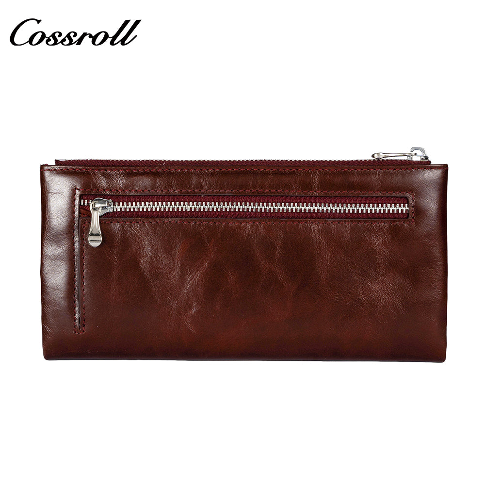 Factory Customized Women's Long Zipper Wallet Oiled Leather Money Wallet Vintage Dollar Clip