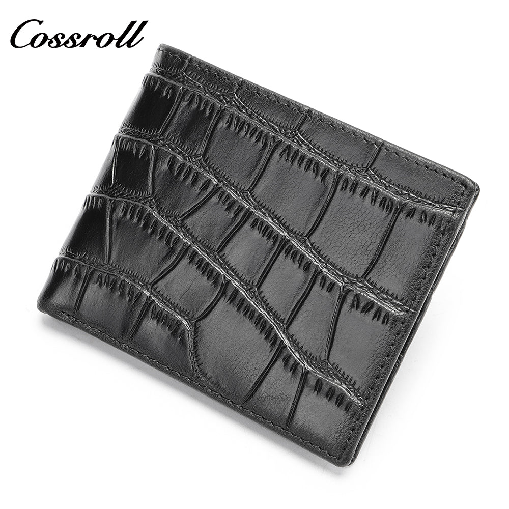Men's short ultra-thin large capacity crocodile grain leather handmade money clip head layer cowhide