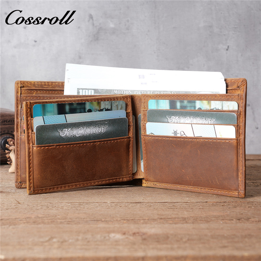Men's Crazy Horse Leather Wallet, Top-Grain Cowhide, Tri-Fold Wallet
