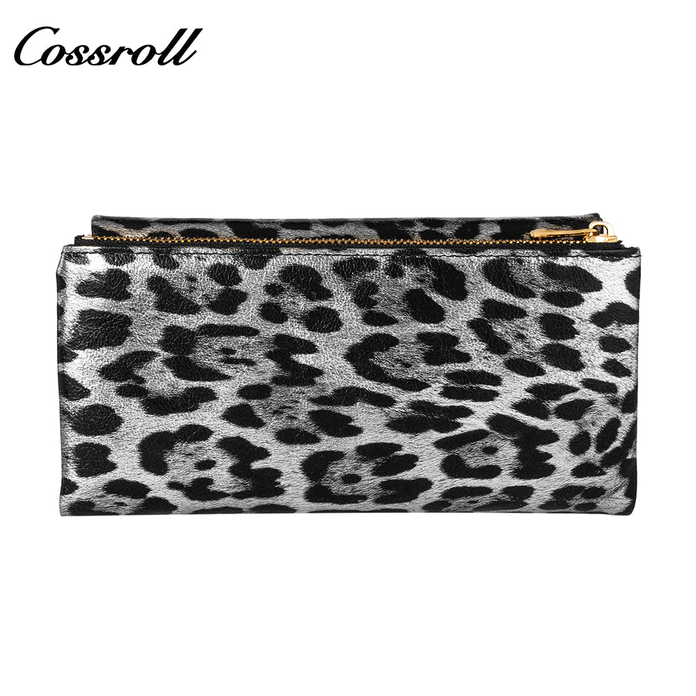Pure cowhide long hand purse to put mobile phone Omnimatch 2024 new fashion leopard leather multi-card bill clip