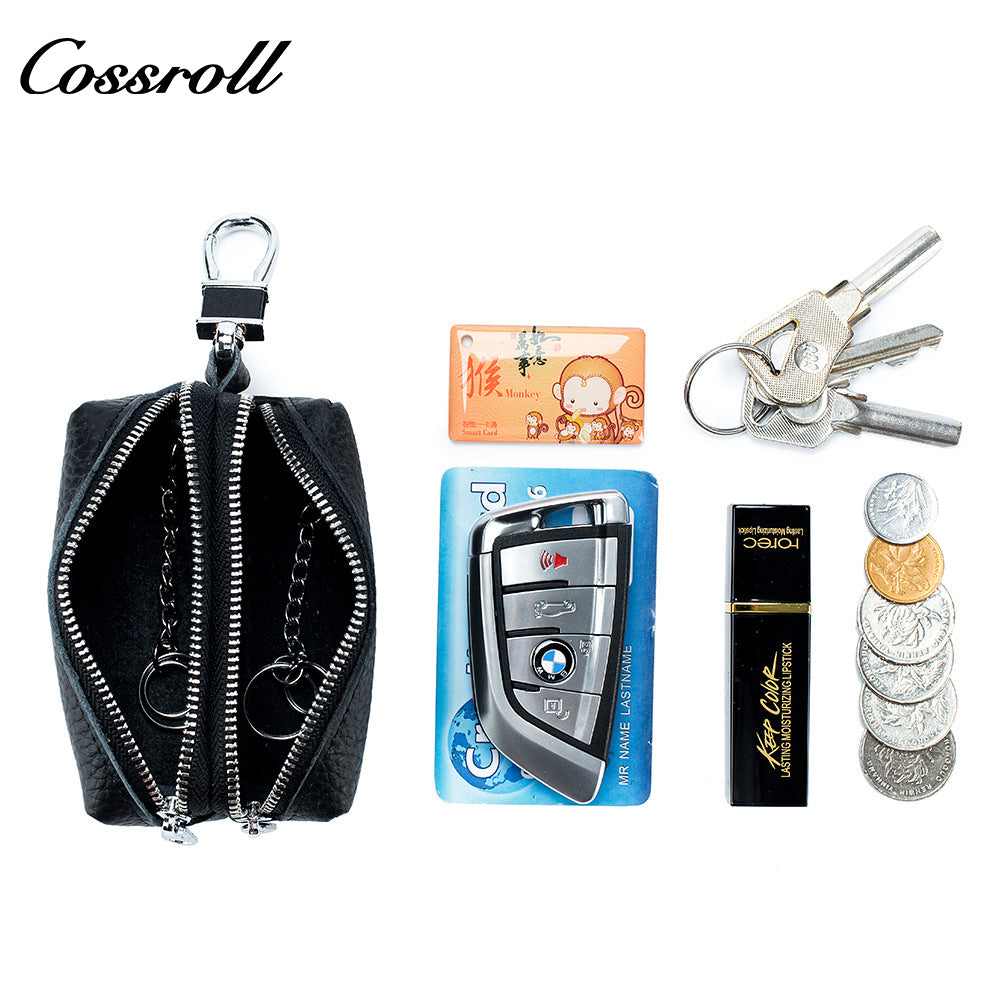 Large capacity key bag Men's and women's leather double zipper home key bag storage multi-function