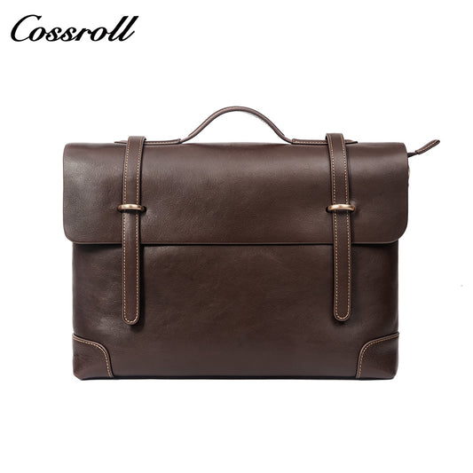 Men's Cowhide Leather Messenger Briefcase, Flap Laptop Handbag, Large Capacity Genuine Leather Shoulder & Crossbody Bag for Business & Daily Commute