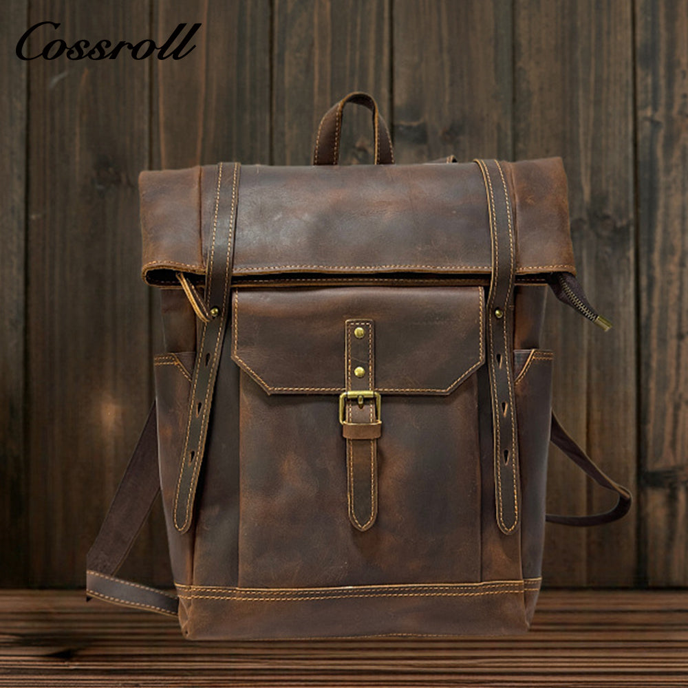 Vintage Crazy Horse Leather Backpack for Men, Genuine Leather Large Capacity Travel Backpack