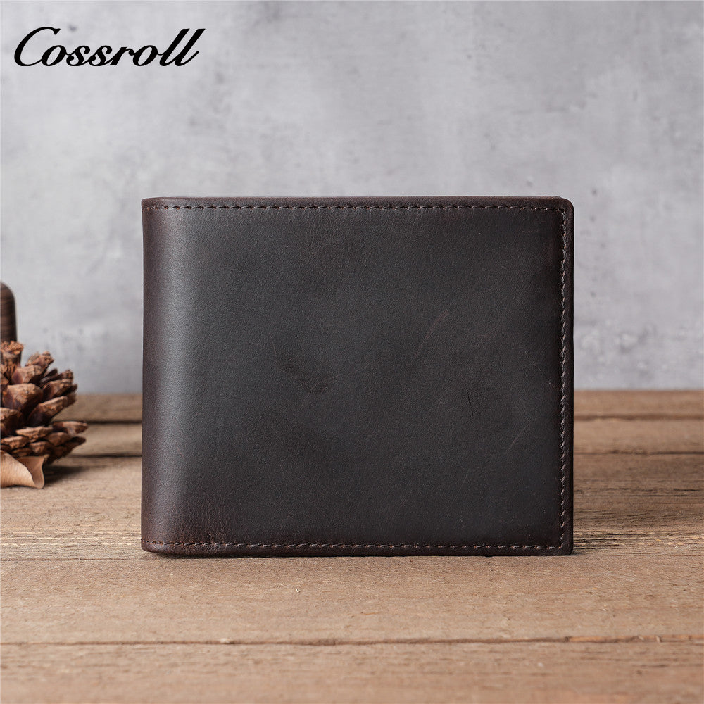 Men's Crazy Horse Leather Wallet, Top-Grain Cowhide, Tri-Fold Wallet