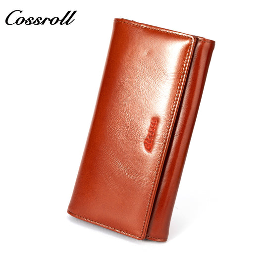 New leather women's long purse zipper wallet Large capacity waxed cowhide coin purse card wallet factory custom