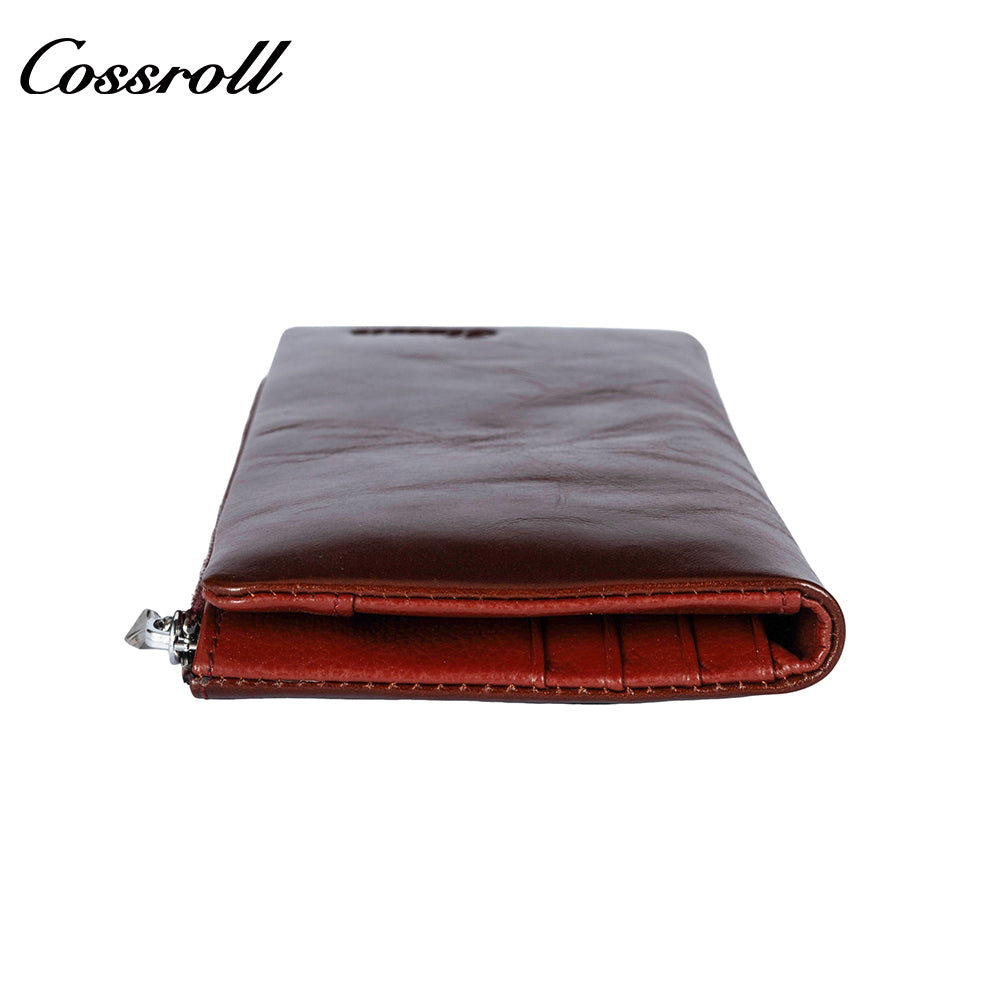 Factory Customized Women's Long Zipper Wallet Oiled Leather Money Wallet Vintage Dollar Clip