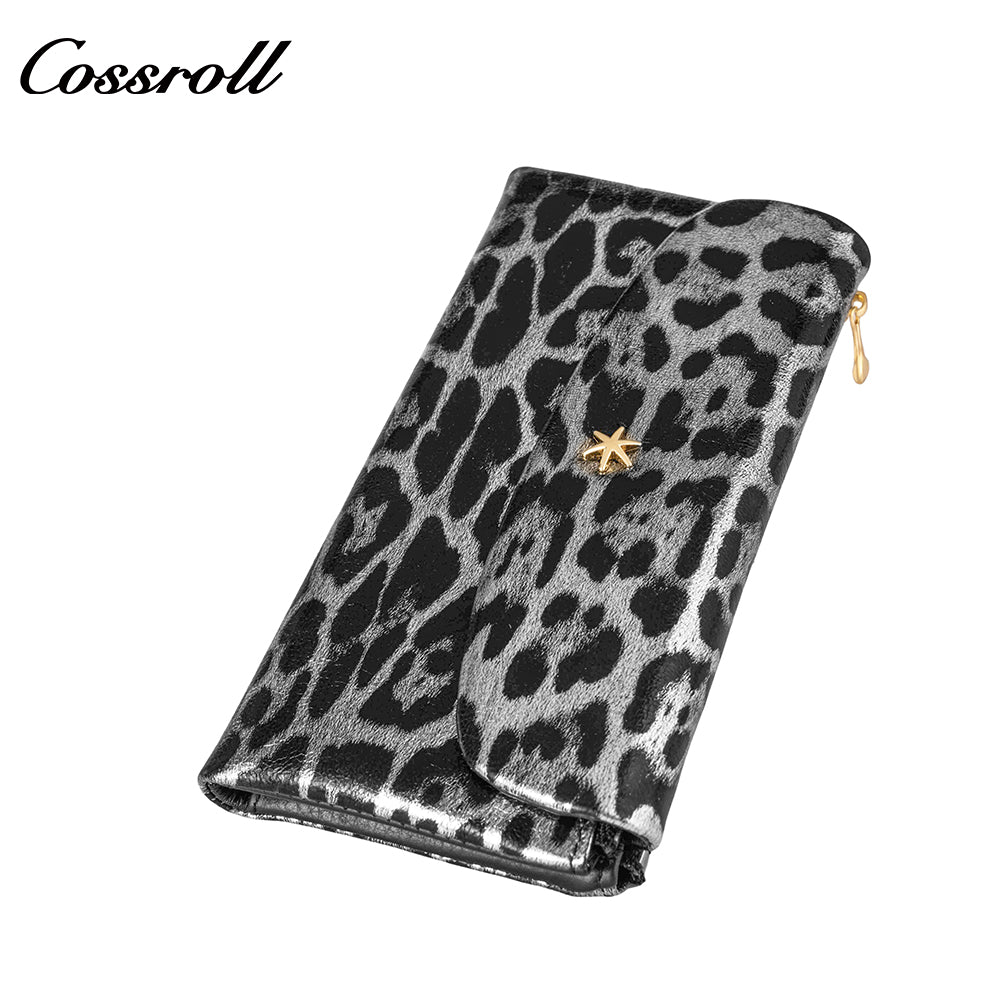 Pure cowhide long hand purse to put mobile phone Omnimatch 2024 new fashion leopard leather multi-card bill clip