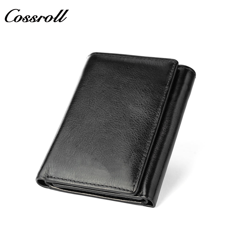 Genuine Leather Wallet Men's Head Layer Cowhide Black Trifold Wallet with Coin Position