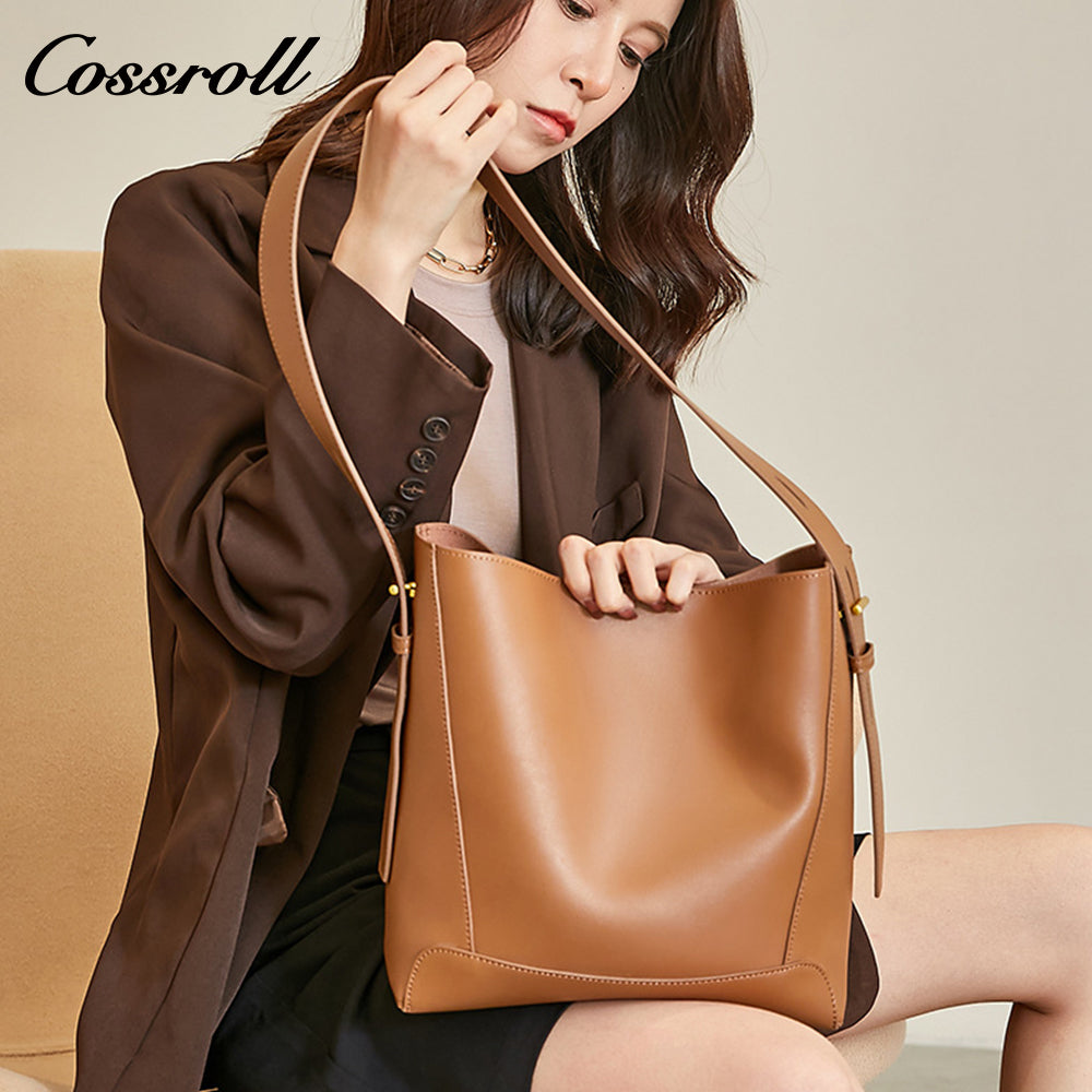 Head layer cowhide Europe and the United States new women's large-capacity bucket leather women's bags shoulder with cowhide diagonal cross-body bag