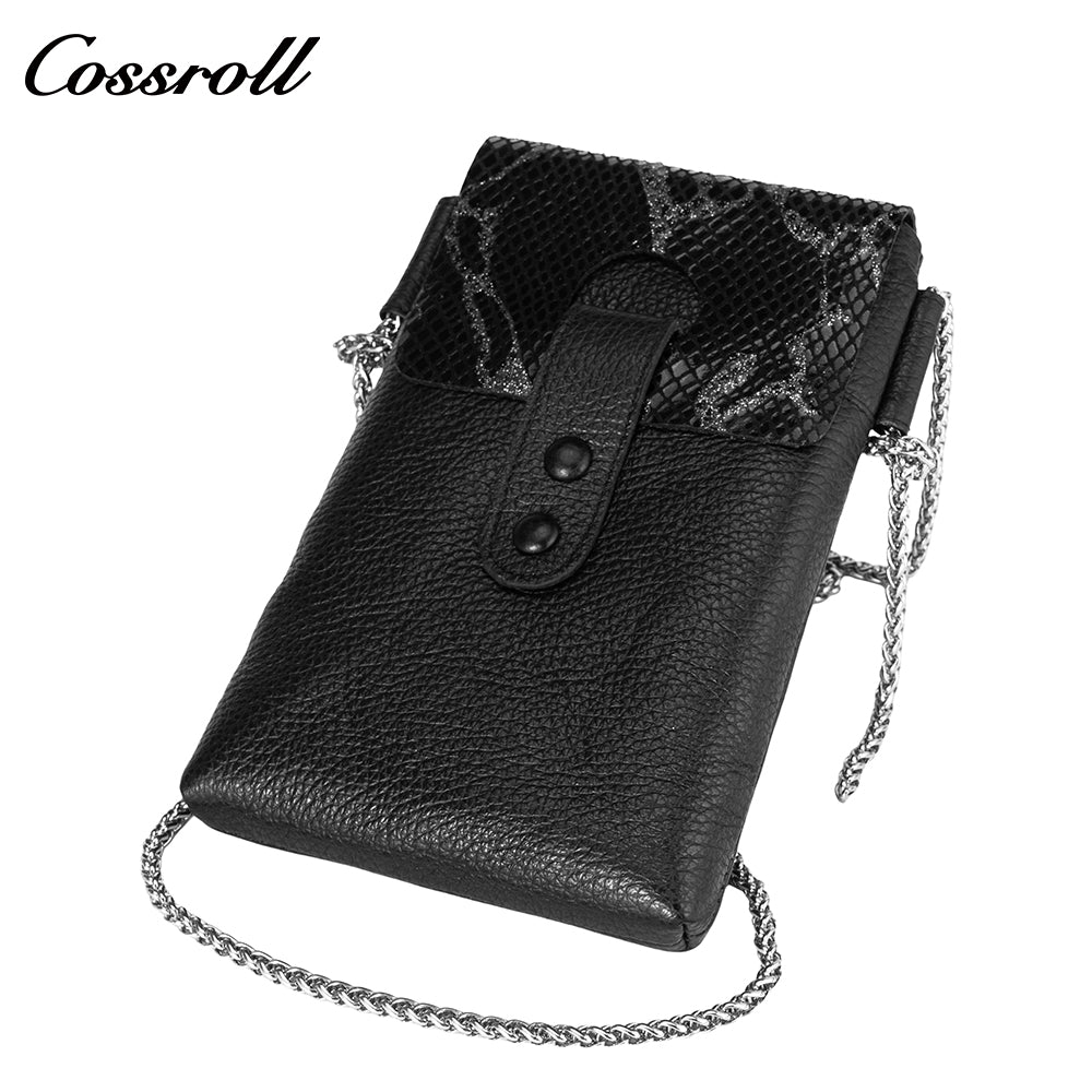Cowhide snake-print splicing crossbody bag small mobile phone bag female all-match 2024 new leather vertical bag cover leisure purse