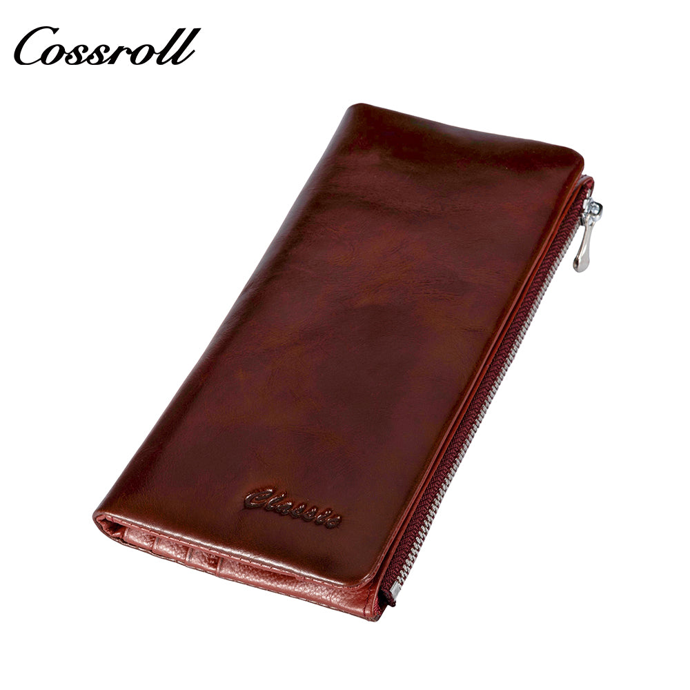 Factory Customized Women's Long Zipper Wallet Oiled Leather Money Wallet Vintage Dollar Clip