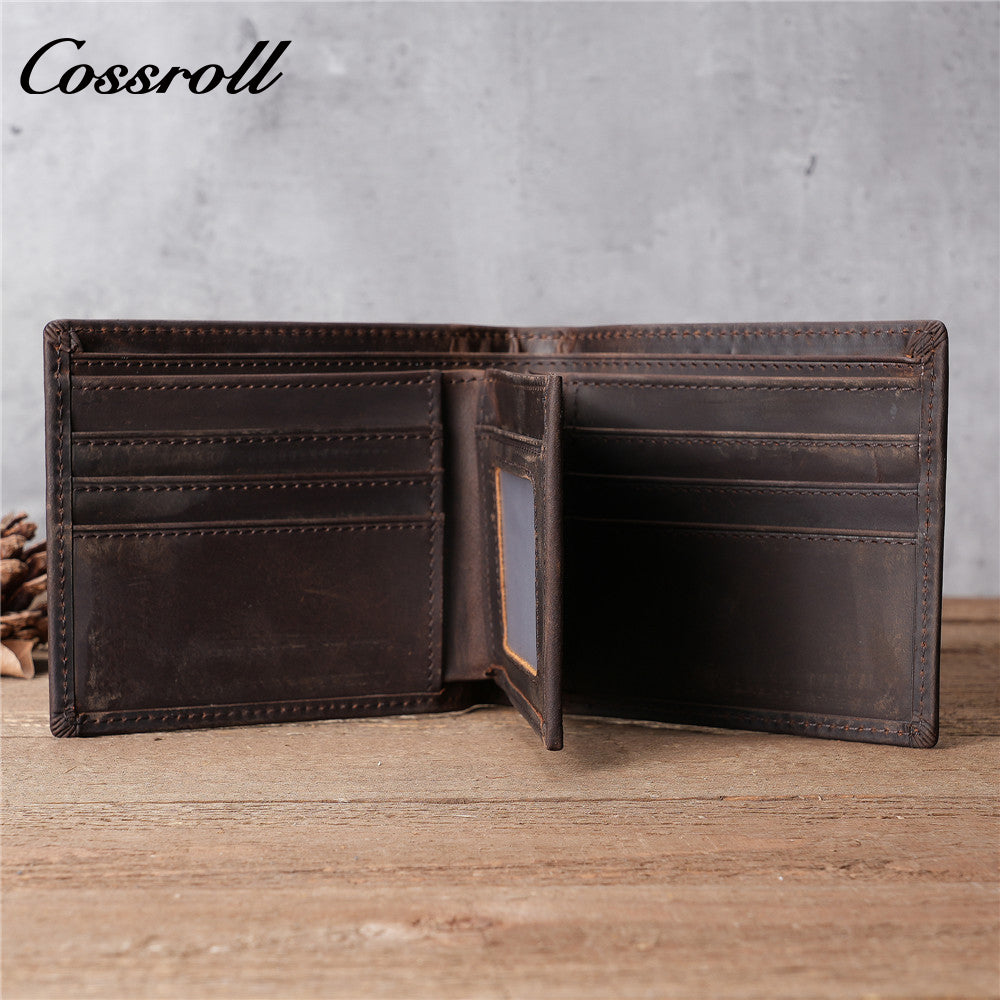 Men's Crazy Horse Leather Wallet, Top-Grain Cowhide, Tri-Fold Wallet