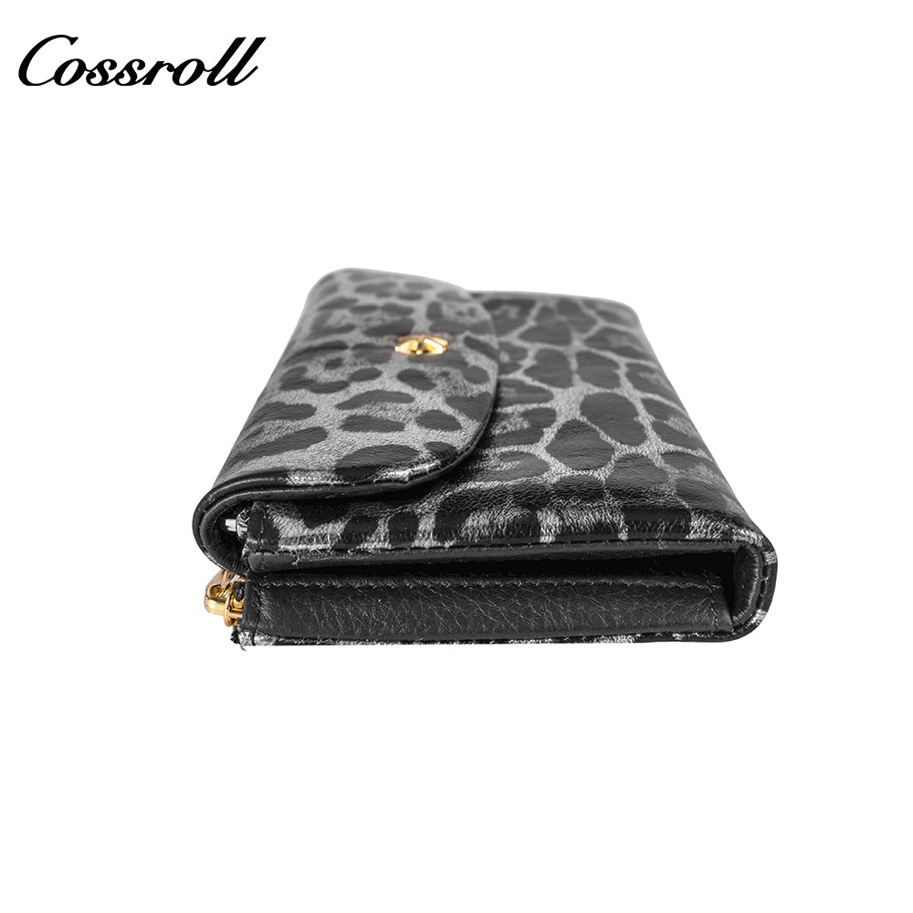 Pure cowhide long hand purse to put mobile phone Omnimatch 2024 new fashion leopard leather multi-card bill clip