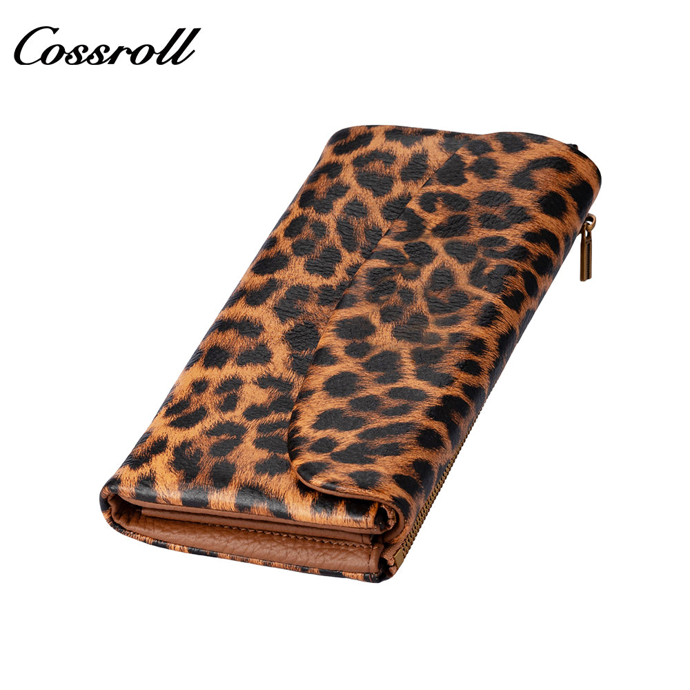 Women's Leopard Print Long Wallet with Large Capacity and Soft Leather Texture