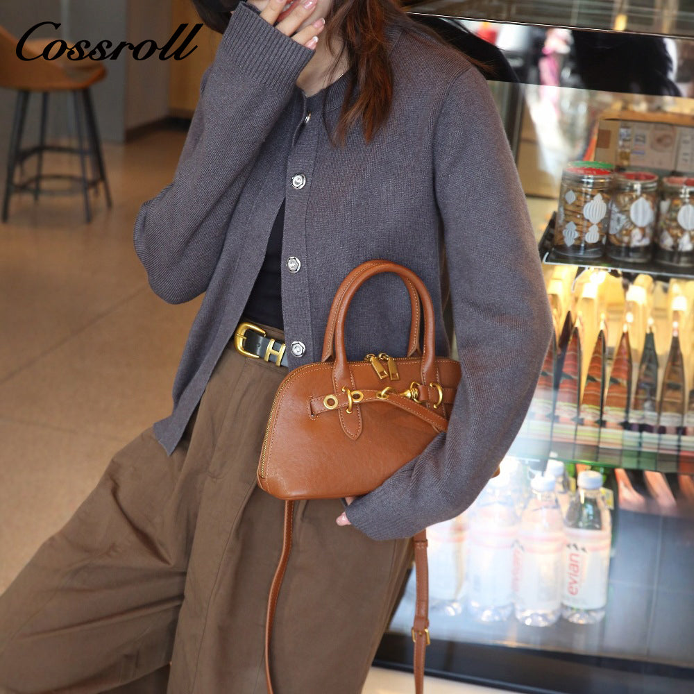 Genuine Women's Bag Head Layer Cowhide Shell Bag Retro Handbag Bowling Tote Tote Underarm Bag Shoulder Crossbody