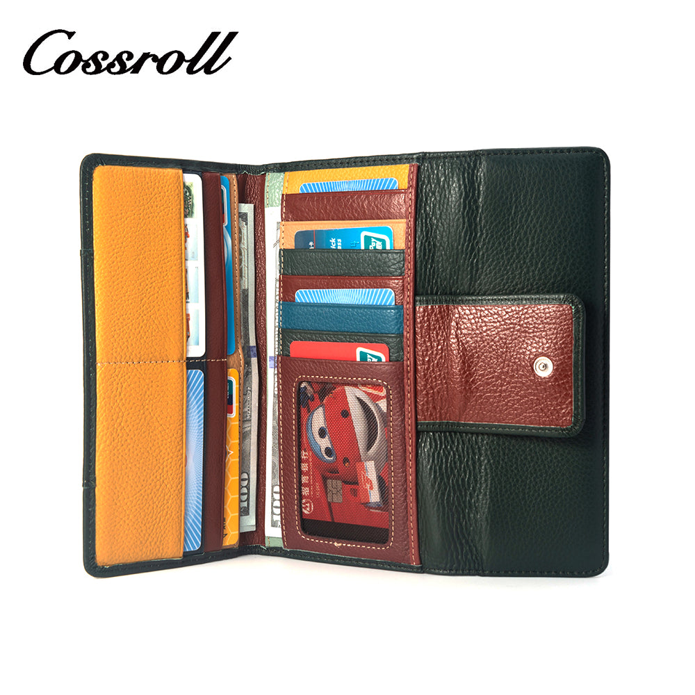 Green long multi-window zipped leather wallet