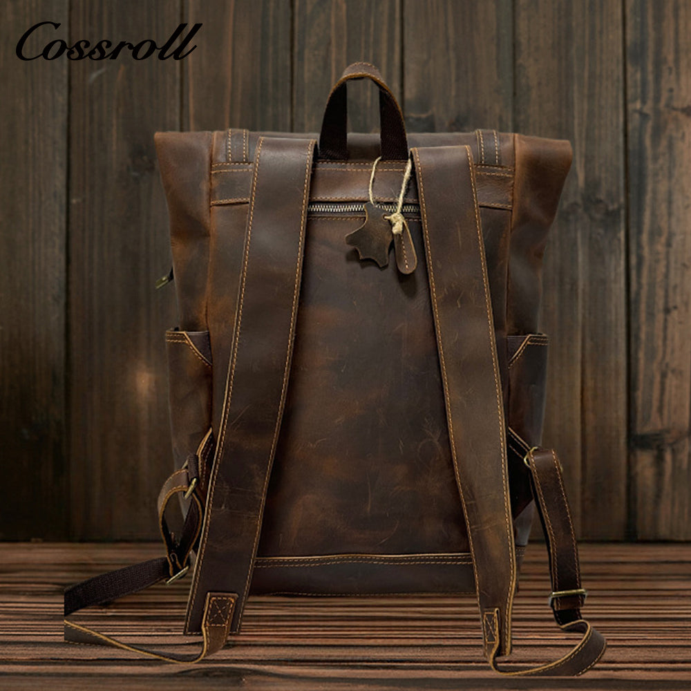 Vintage Crazy Horse Leather Backpack for Men, Genuine Leather Large Capacity Travel Backpack