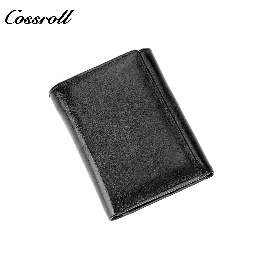 Genuine Leather Wallet Men's Head Layer Cowhide Black Trifold Wallet with Coin Position