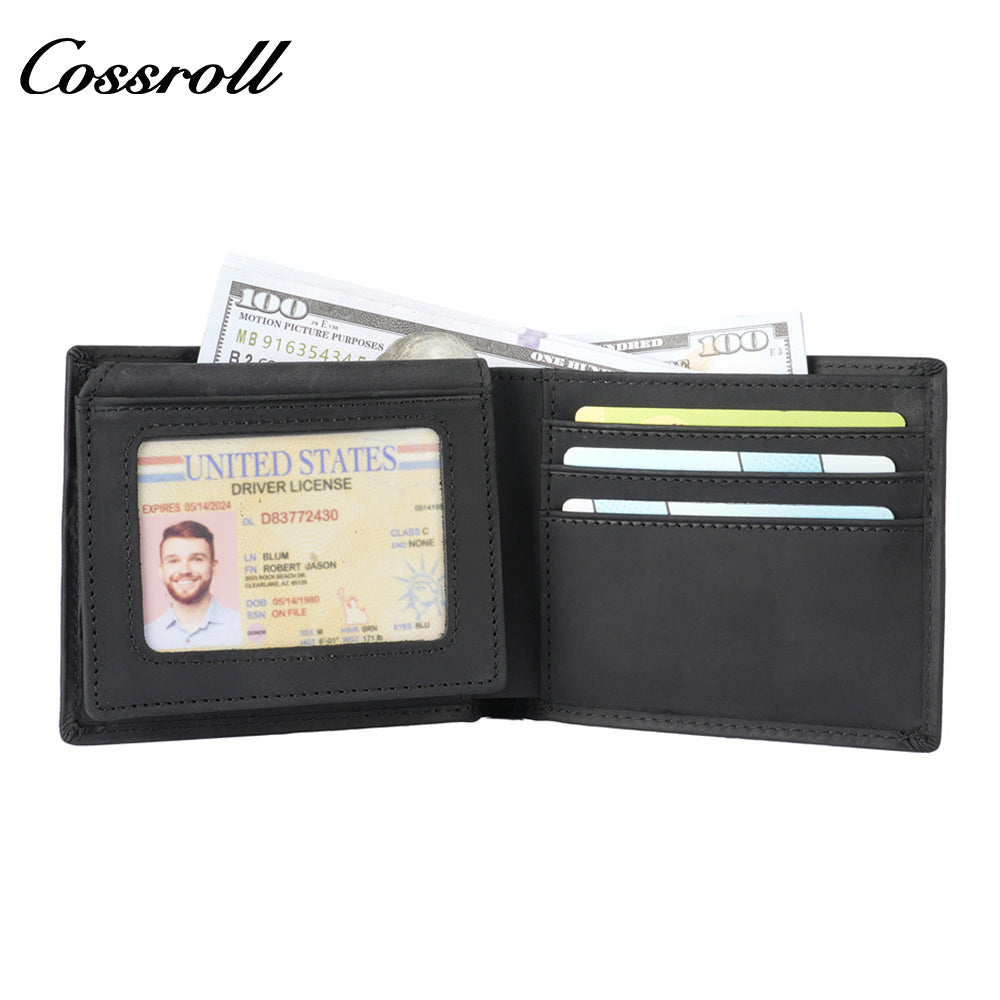 Top-grain crazy horse leather short wallet, vintage men's casual cowhide card and cash holder