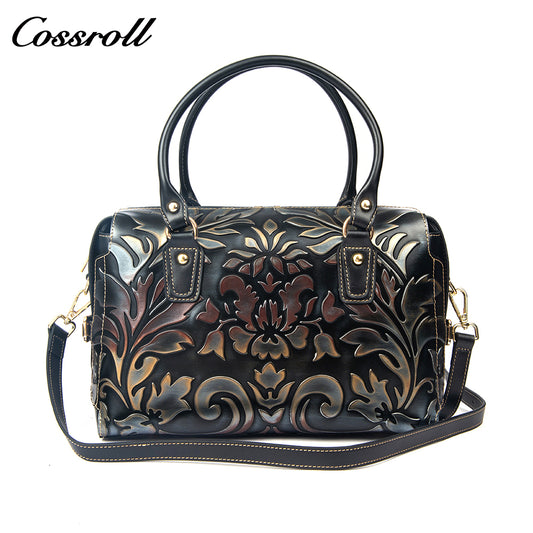Vintage Embossed Leather Boston Bag for Women, Handbag & Crossbody Purse, High-End Large Capacity Commuter Bag